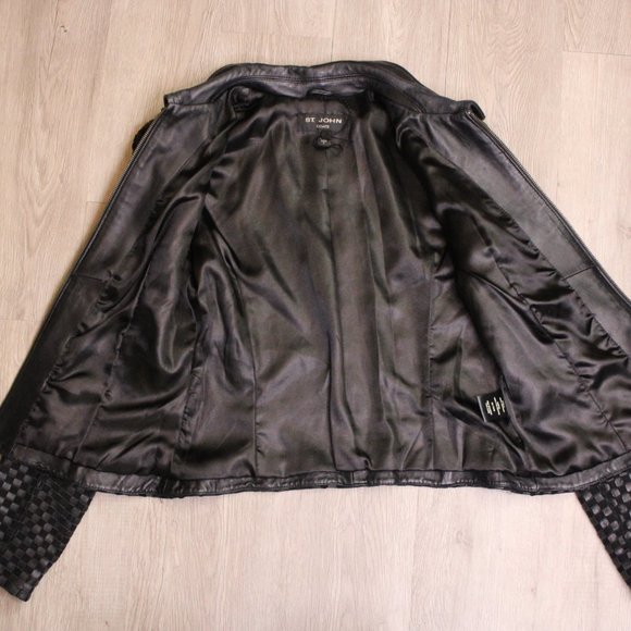 St. John Black Woven Leather Light Jacket Small - Picture 7 of 10